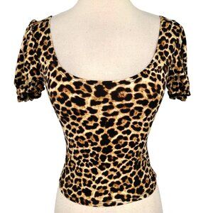 One by One Leopard Print Puff Sleeve Scoop Top Light Brown Size Medium NWT